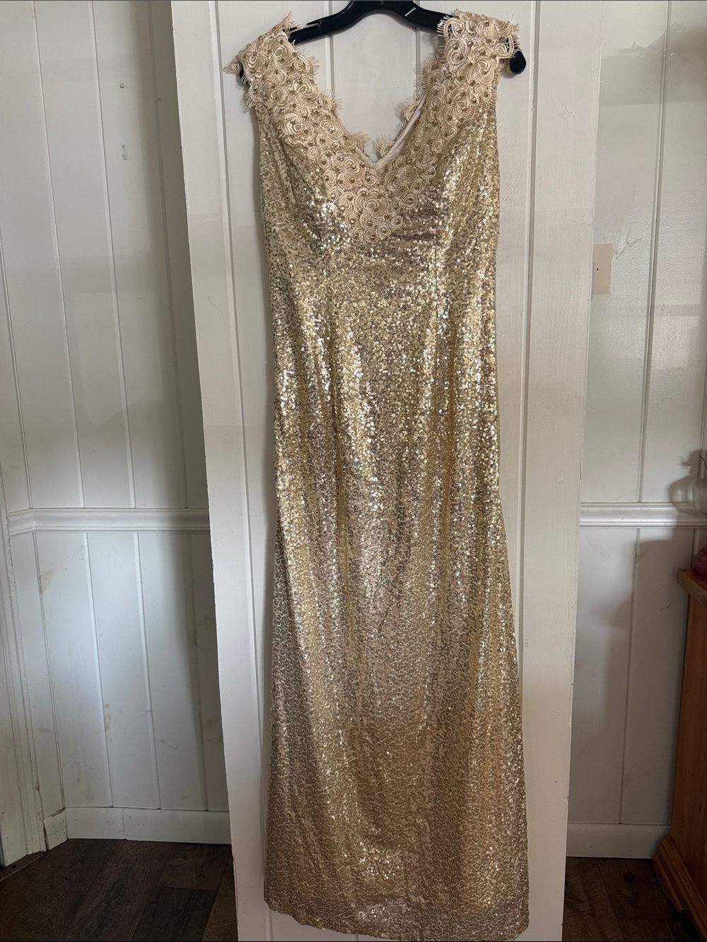 Gold Sequin Evening Gown with Lace V-Neck